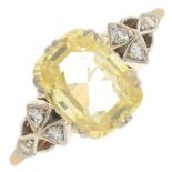 An early 20th century gold yellow sapphire and diamond ring.Sapphire calculated weight 2.78cts,