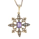 A 9ct gold amethyst and split pearl pendant, with 9ct gold chain.