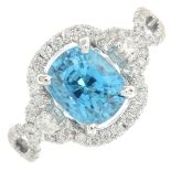 A blue zircon and diamond dress ring.Zircon calculated weight 3.5cts,