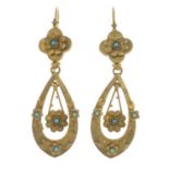 A pair of early 20th century 15ct gold turquoise floral earrings.Stamped 15ct,