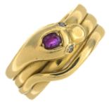 A late Victorian 18ct gold ruby and diamond snake ring.Hallmarks for Birmingham, 1873.Ring size O.