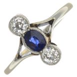 An early 20th century gold sapphire and diamond ring.Sapphire calculated weight 0.38ct,