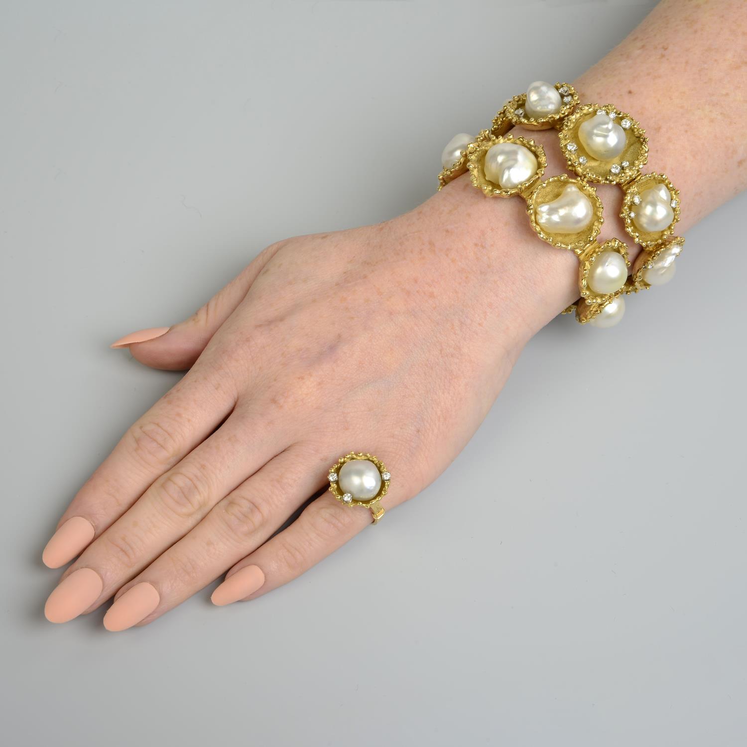 A pair of 1970s 18ct gold baroque cultured pearl and diamond bracelets, - Image 4 of 6