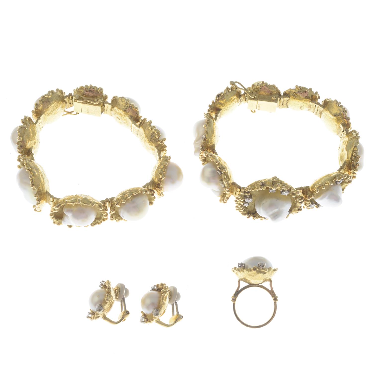 A pair of 1970s 18ct gold baroque cultured pearl and diamond bracelets, - Image 6 of 6