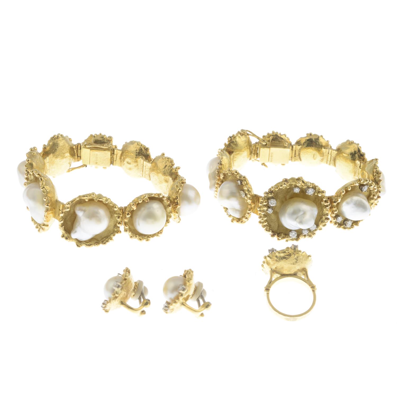 A pair of 1970s 18ct gold baroque cultured pearl and diamond bracelets, - Image 5 of 6