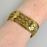 A mid Victorian woven gold bracelet, with turquoise accent textured clasp terminals.Length 22cms.