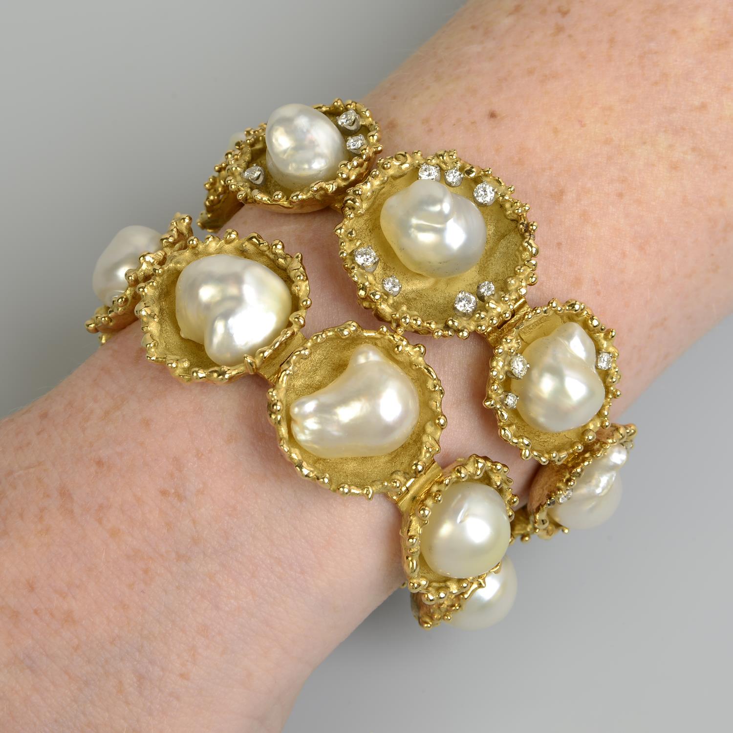 A pair of 1970s 18ct gold baroque cultured pearl and diamond bracelets, - Image 3 of 6