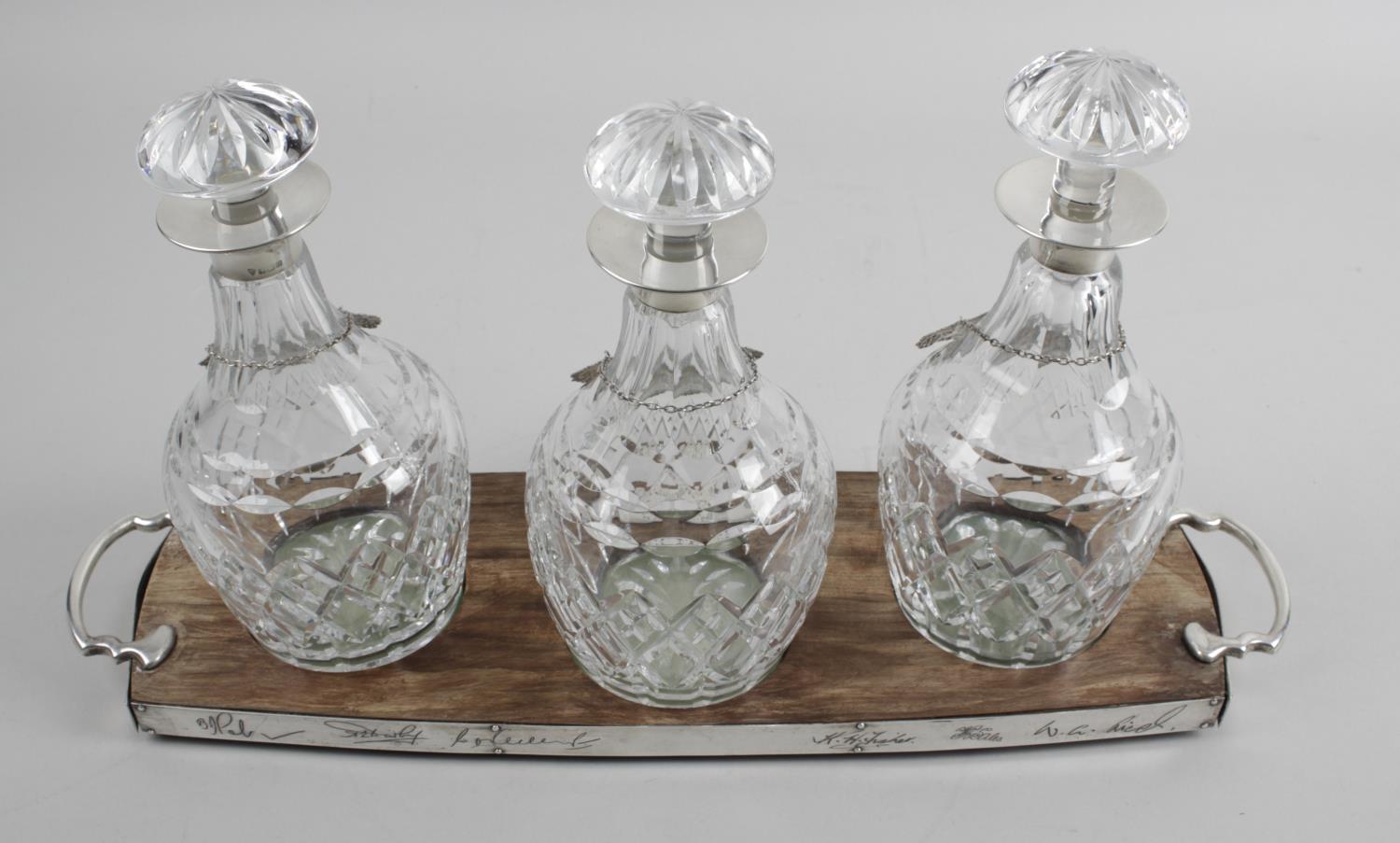 A set of three mid-twentieth century silver mounted glass decanters, - Image 2 of 6