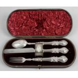 A cased late Victorian silver christening set,