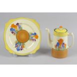 A Clarice Cliff Crocus pattern coffee pot of tapering cylindrical form,