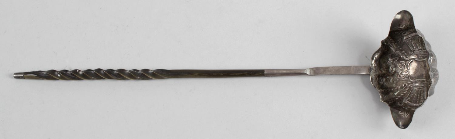 An early Georgian silver toddy ladle with spiral twist baleen handle,