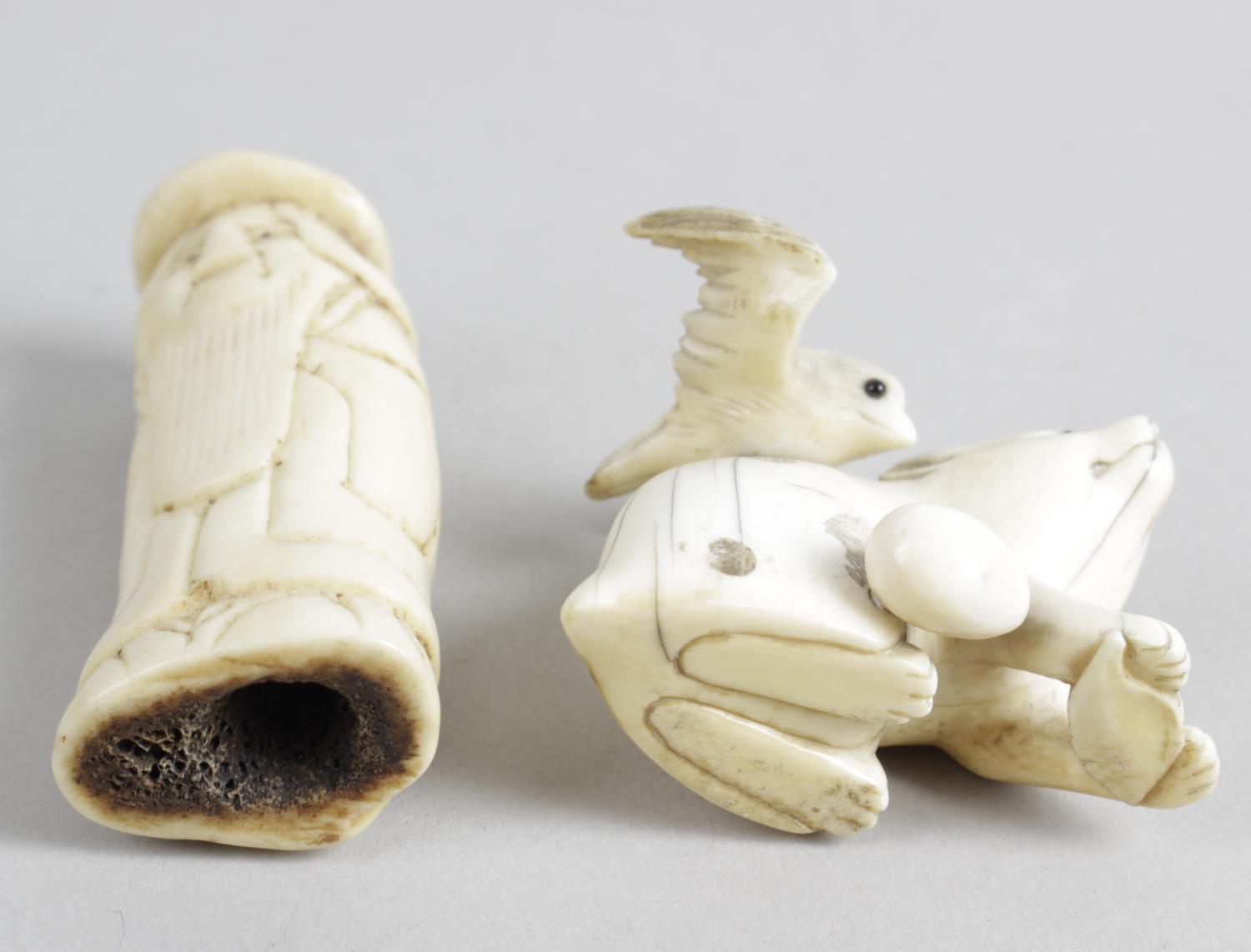 A 19th century ivory netsuke modelled as cat with inset glass eyes, - Image 2 of 2