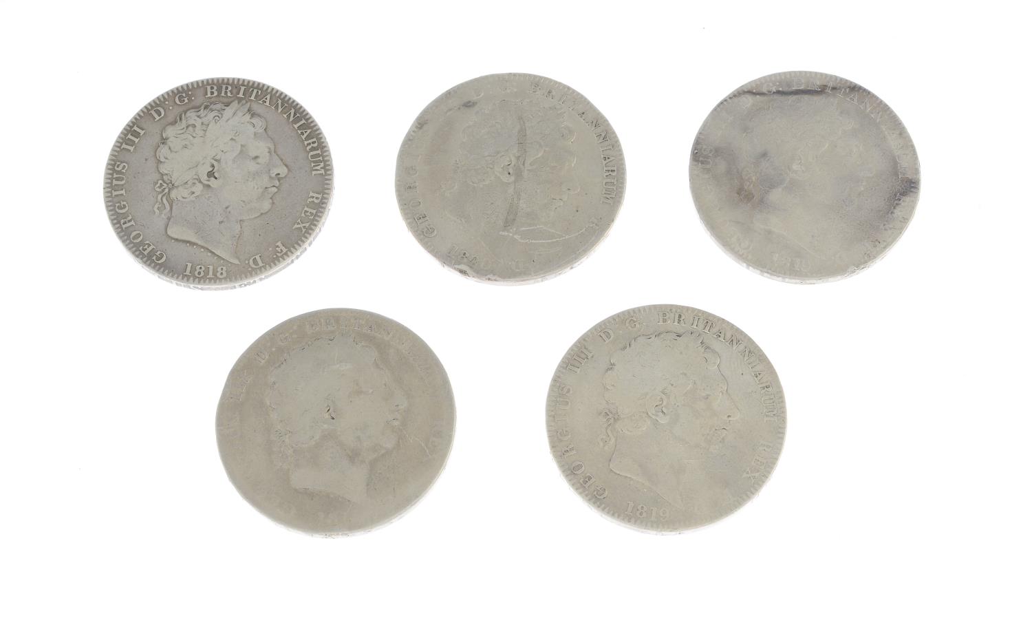 George III, Crowns (5) 1818 (2), LVIII, LIX, 1819 (2), LIX, LX, 1820 LX (S 3787).