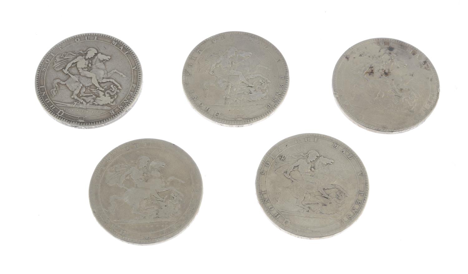 George III, Crowns (5) 1818 (2), LVIII, LIX, 1819 (2), LIX, LX, 1820 LX (S 3787). - Image 2 of 2