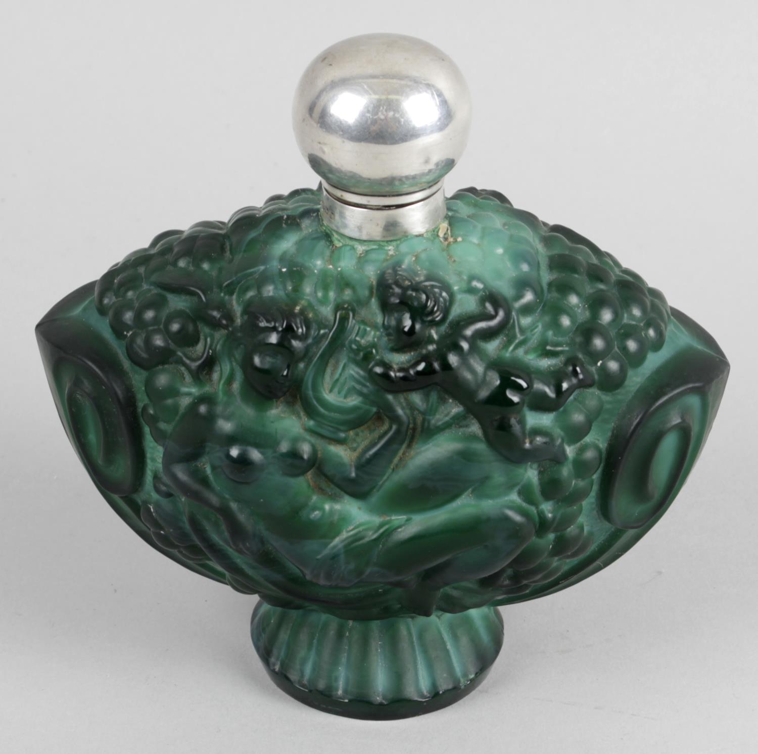 A large Art Deco green malachite pressed glass scent bottle,