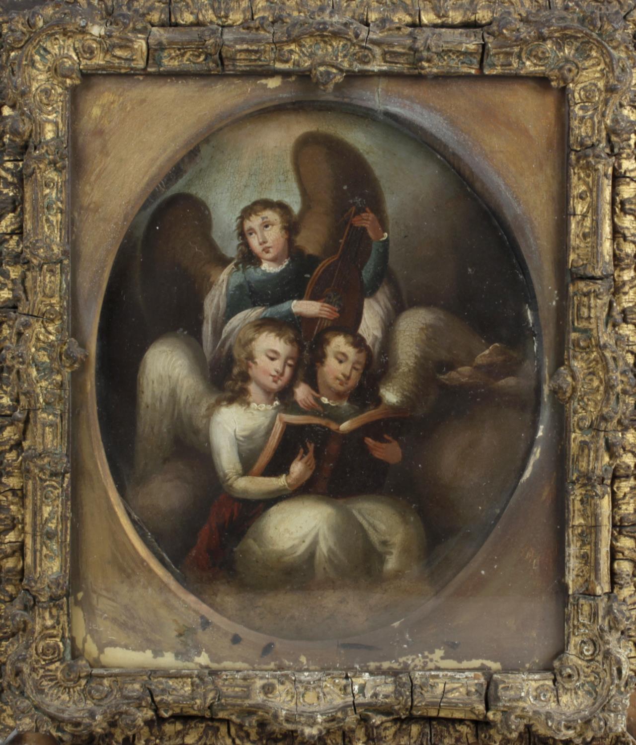 A 19th century oil on tin panel, oval allegorical study study, 11.5 x 9.5 (29cm x 24cm).