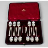 A turn of the century cased set of eleven teaspoons and a matched pair of sugar tongs,