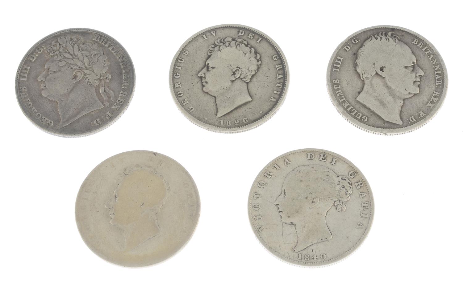 George IV to Victoria, Halfcrowns (5), 1823, 1826, 1836, 1840, one uncertain date.