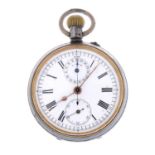 An open face chronograph pocket watch.