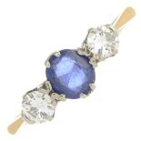 A sapphire and diamond three-stone ring.Estimated total diamond weight 0.30ct,