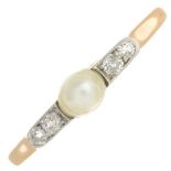 A mid 20th century gold natural saltwater pearl and old-cut diamond dress ring.Estimated total