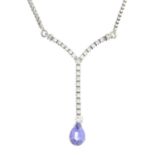 An 18ct gold tanzanite and diamond necklace.Estimated total diamond weight 0.30ct.Hallmarks for