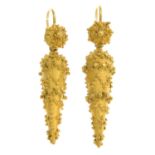 A pair of mid 19th century gold earrings.Length 4.5cms.