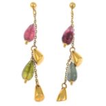 A pair of 9ct gold pink and green tourmaline drop earrings.Hallmarks for Birmingham.Length 5.5cms.