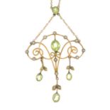 An early 20th century 9ct gold peridot and split pearl pendant necklace,