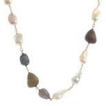 A baroque pearl and vari-hue sapphire necklace.Some stones deficient.