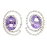 A pair of 18ct gold amethyst and diamond earrings.Total amethyst calculated weight 5.18cts,