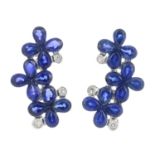 A pair of 18ct gold sapphire and diamond earrings.Hallmarks for London, 2004.Length 1.7cms.