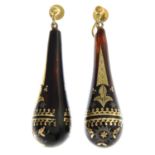 A pair of late 19th century tortoiseshell pique drop earrings.Length 5cms.