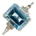 A blue zircon and diamond ring.Zircon calculated weight 7.14cts,