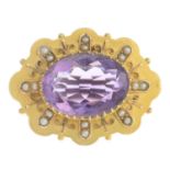 A late Victorian amethyst and split pearl brooch.Amethyst calculated weight 14.78cts,