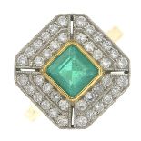 An 18ct gold emerald and diamond cluster ring.Emerald calculated weight 0.77ct,