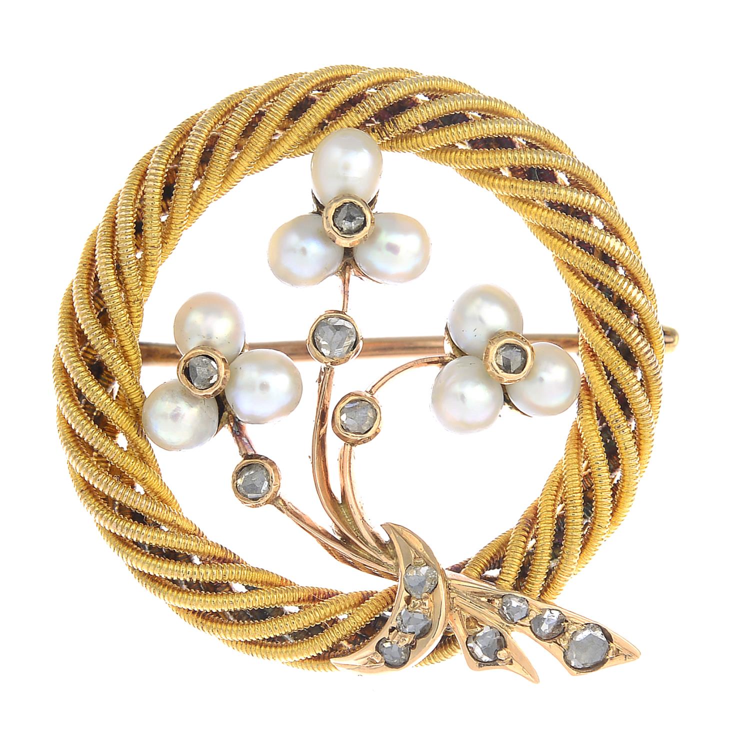 A late 19th century Austrian 18ct gold seed pearl and rose-cut diamond floral wreath brooch. - Image 5 of 5