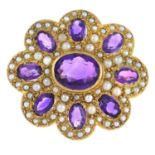 A 1970s 9ct gold amethyst and split pearl brooch.Hallmarks for London, 1972.Length 3.4cms.