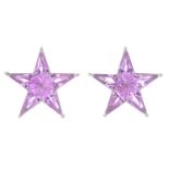 A pair of pink topaz star stud earrings.Stamped 18k.Length 1cms.
