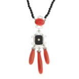 A coral, onyx and diamond necklace.Estimated total diamond weight 0.15ct.Clasp stamped 750.Length