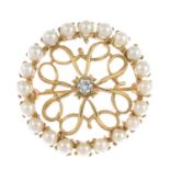 A 14ct gold cultured pearl and diamond brooch.Estimated diamond weight 0.10ct,
