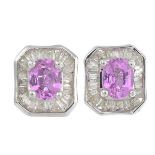 A pair of pink sapphire and diamond earrings.Estimated total diamond weight 0.50ct.Hallmarks for