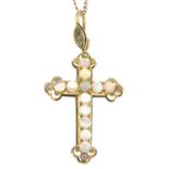 An opal, seed pearl and diamond cross pendant,