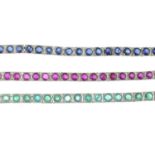 Three gem-set bracelets.Gems to include ruby, sapphire and emerald.Length 18.3 to 18.5cms.