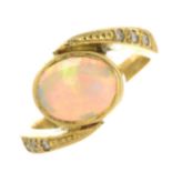 An 18ct gold opal and diamond ring.Estimated total diamond weight 0.10ct,