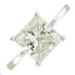 An 18ct gold square-shape diamond single-stone ring.Estimated diamond weight 3cts,