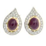 A pair of ruby and diamond cluster earrings.Estimated total diamond weight 1ct,