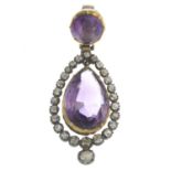 A late 19th century gold amethyst and diamond pendant.Estimated total diamond weight 0.50ct.Length