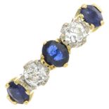An 18ct gold sapphire and diamond five-stone ring.Estimated total diamond weight 0.40ct,