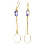 A pair of moonstone and sapphire earrings.Stamped 14K.Length 5.3cms.